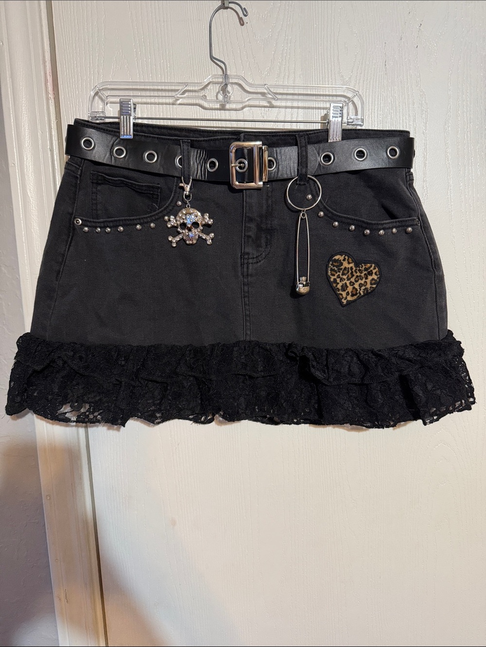 Black Mini Skirt with Lace Hem, Studs & Leopard Heart Accent